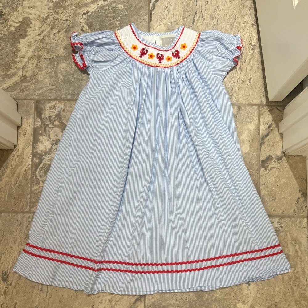 Size 6 Lil Cactus Blue and White Dress with Crawfish Embroidery